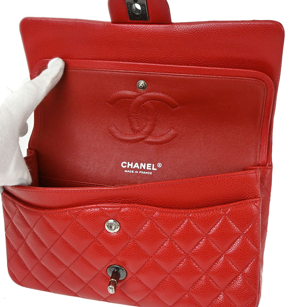 Chanel 2015-2016 Red Caviar Skin Medium Classic Double Flap Shoulder Bag