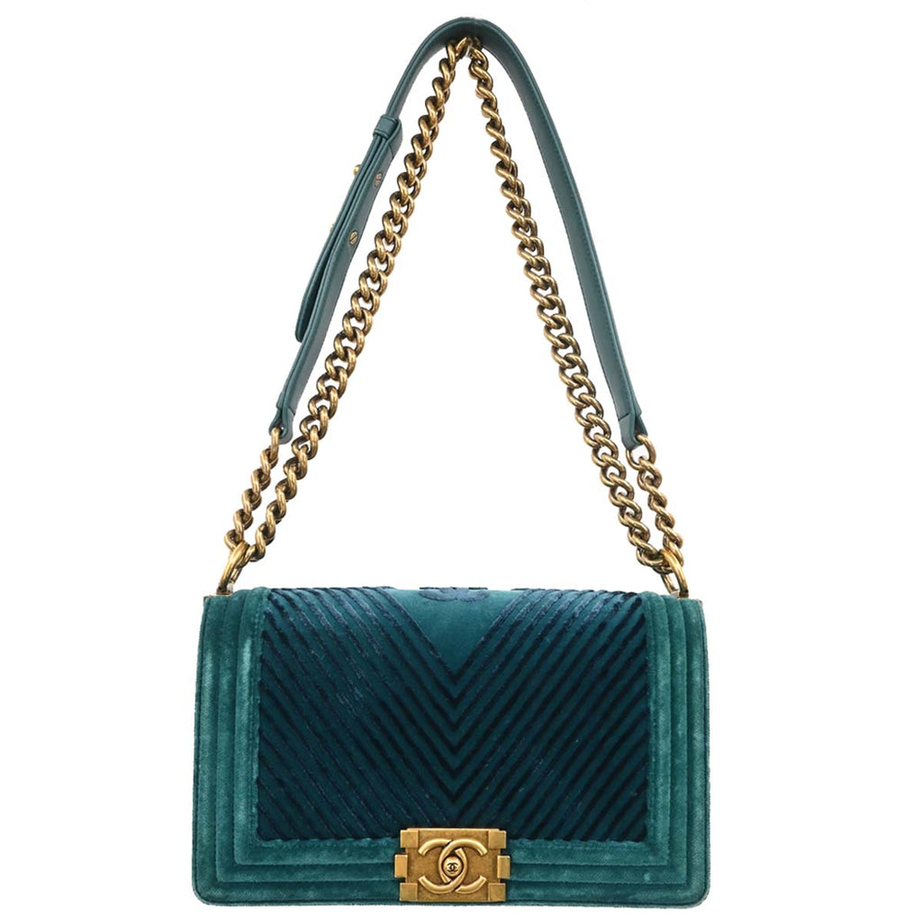 Boy Chanel 2017-2018 Green Velvet Chevron Medium Shoulder Bag