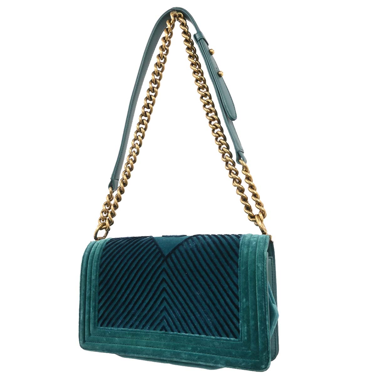 Boy Chanel 2017-2018 Green Velvet Chevron Medium Shoulder Bag