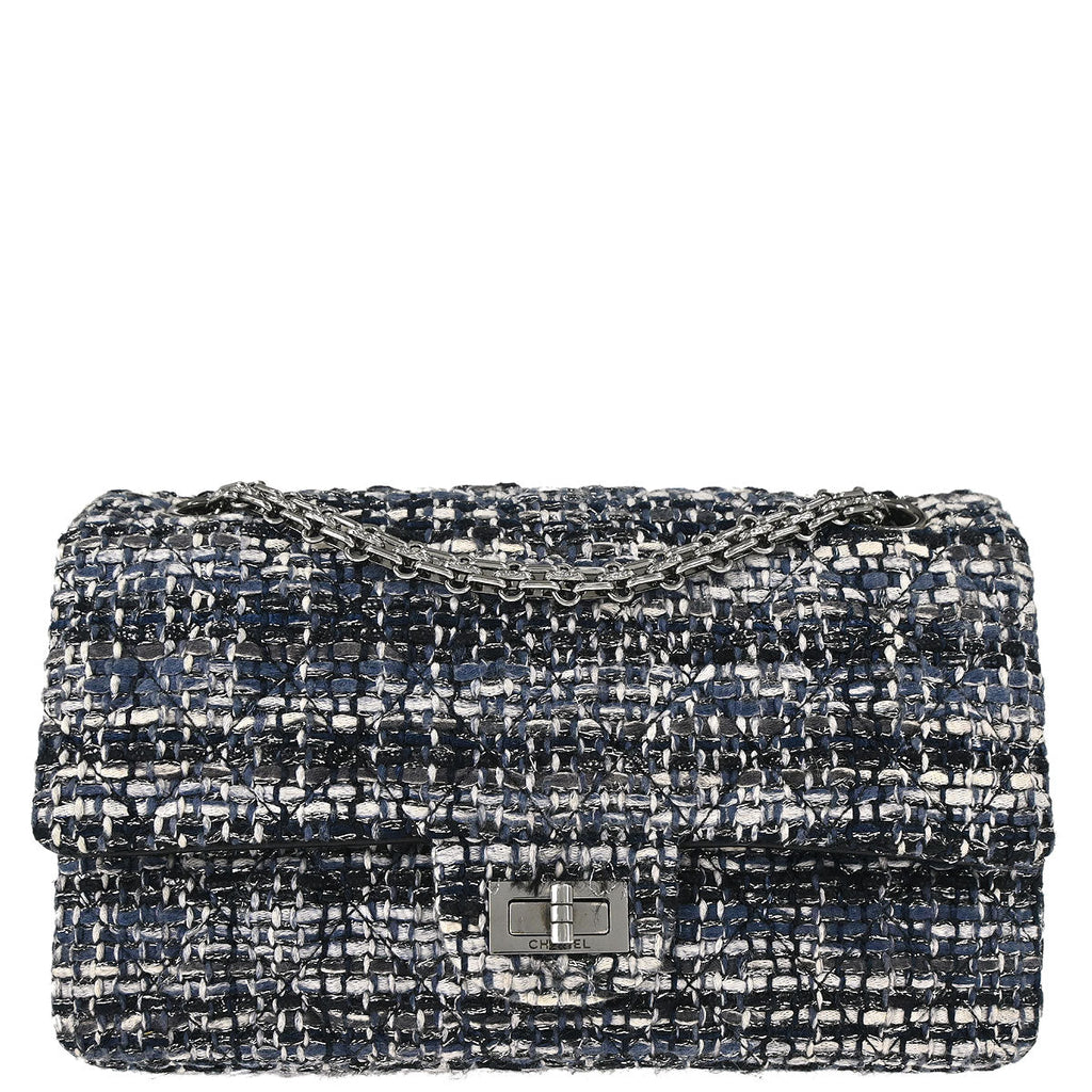 Chanel Navy Tweed 2.55 Medium Classic Double Flap Shoulder Bag
