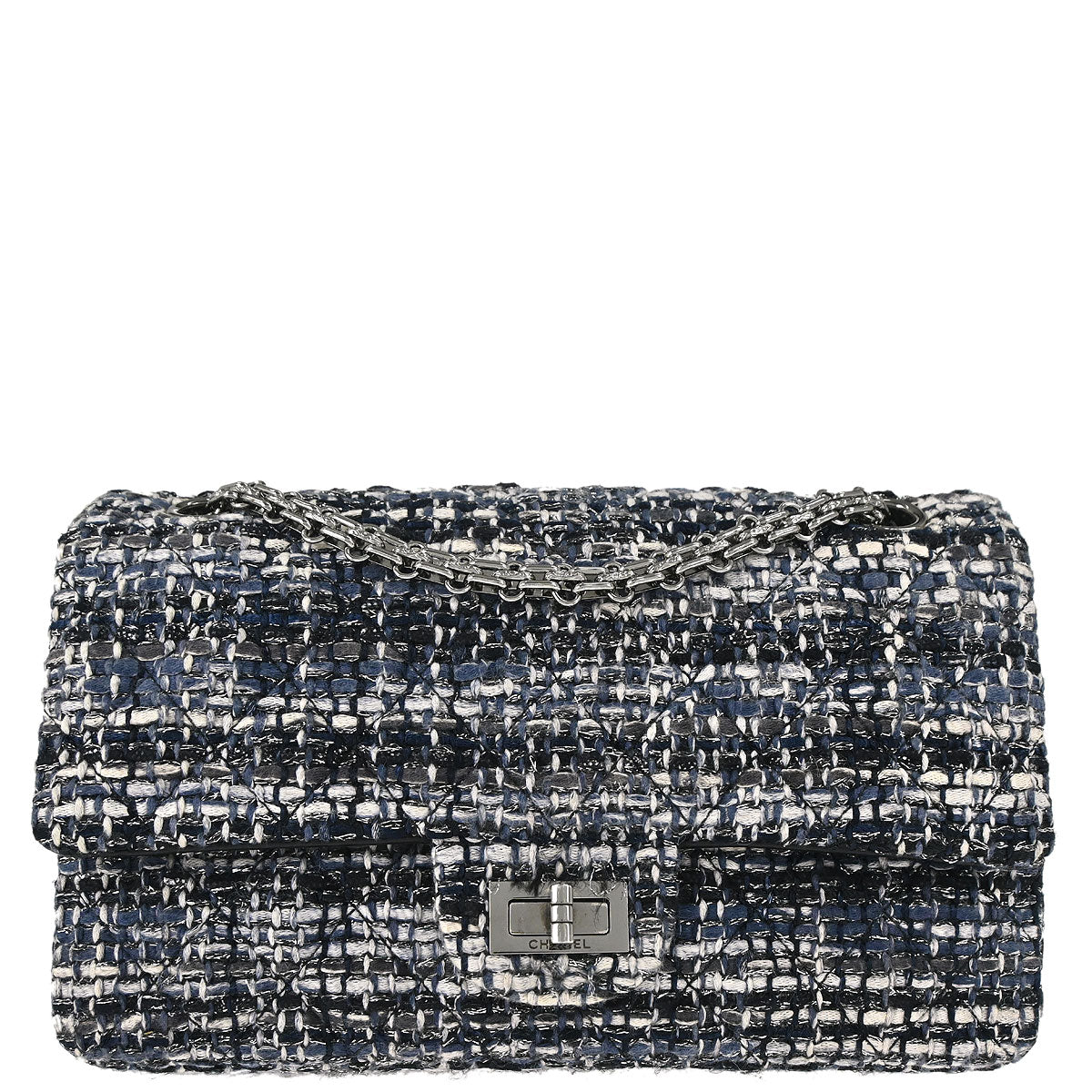 Chanel Navy Tweed 2.55 Medium Classic Double Flap Shoulder Bag