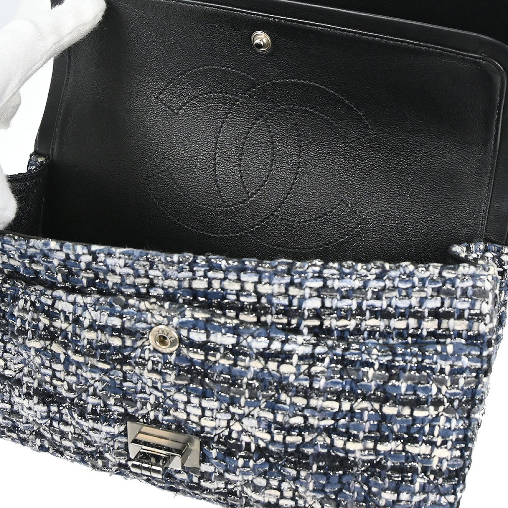 Chanel Navy Tweed 2.55 Medium Classic Double Flap Shoulder Bag