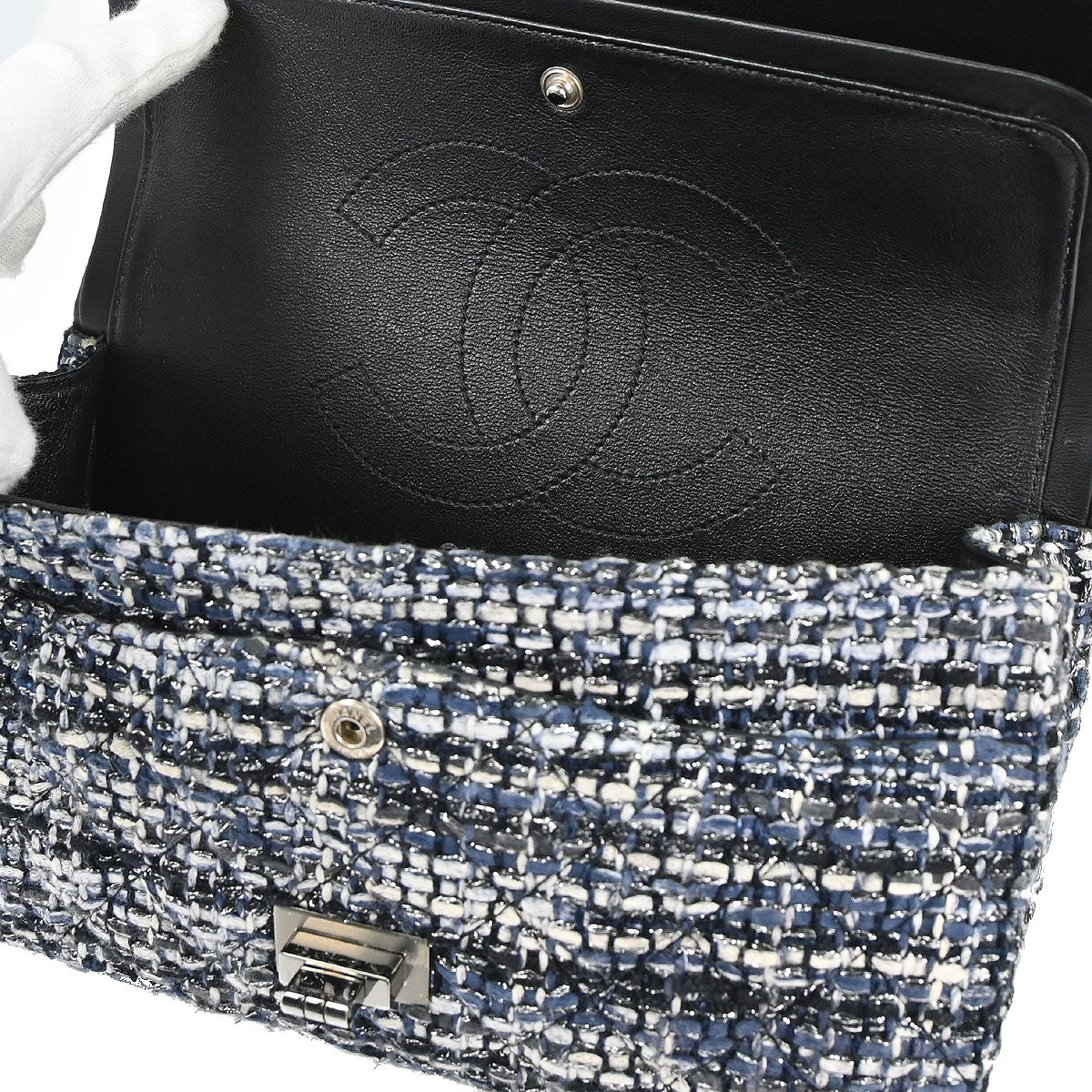 Chanel Navy Tweed 2.55 Medium Classic Double Flap Shoulder Bag