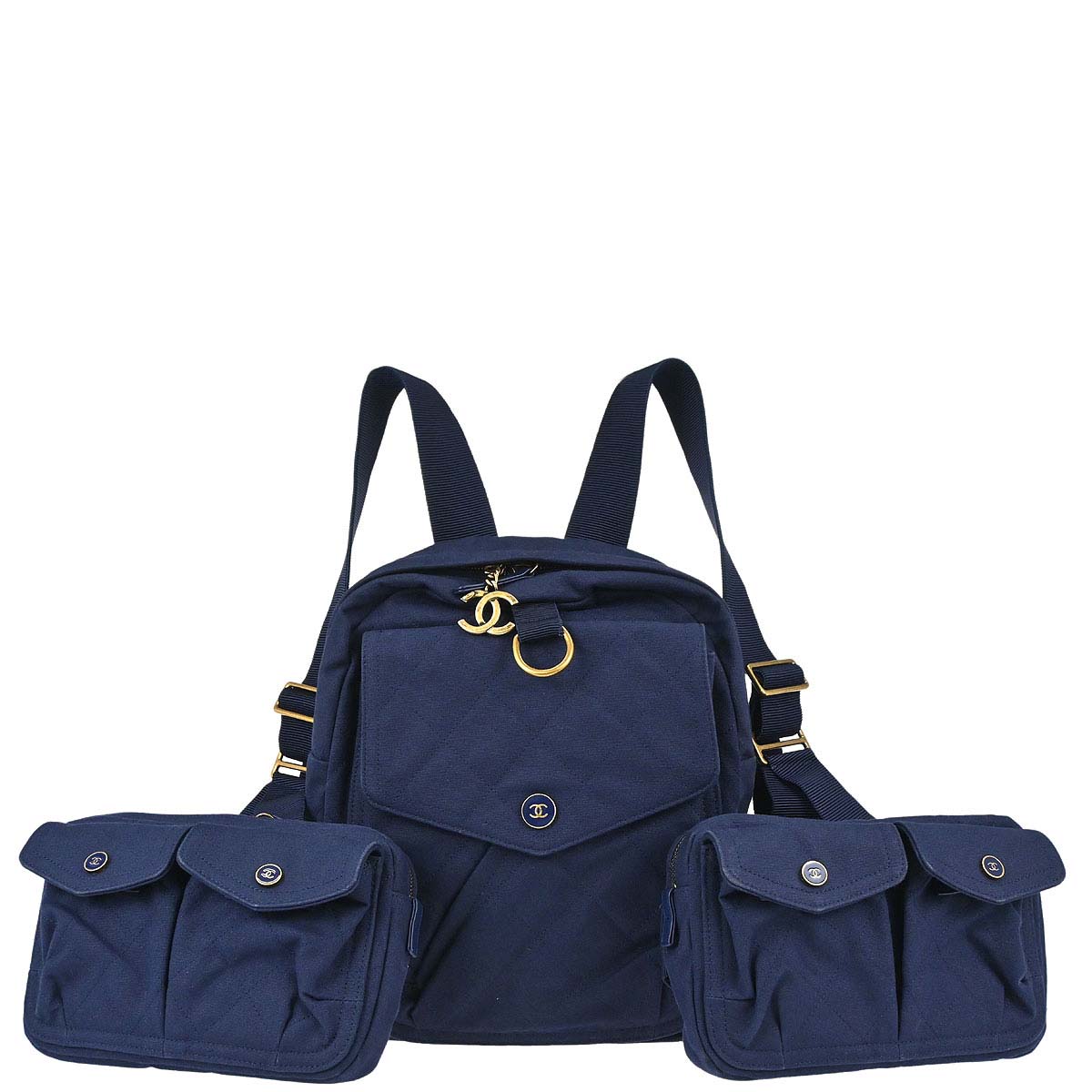 Chanel Navy Canvas Double Waist Bag Backpack