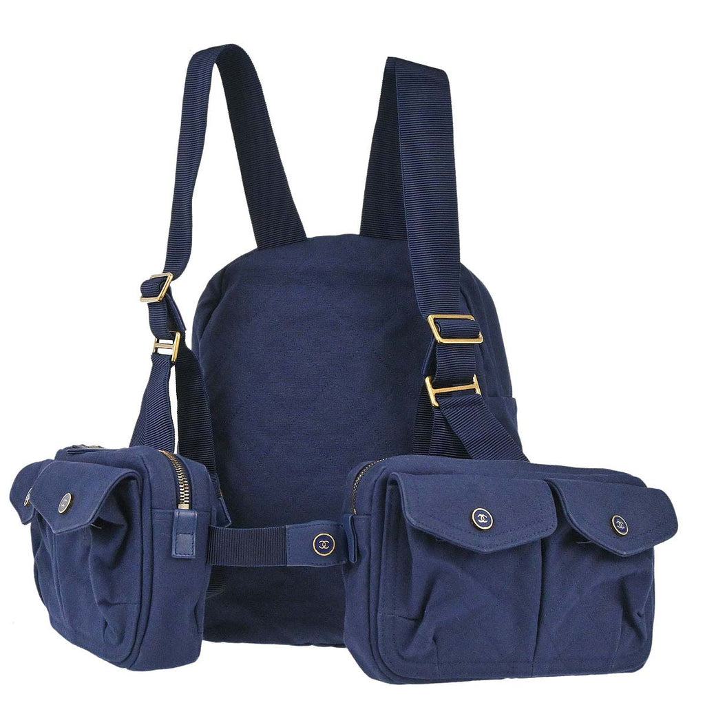 Chanel Navy Canvas Double Waist Bag Backpack