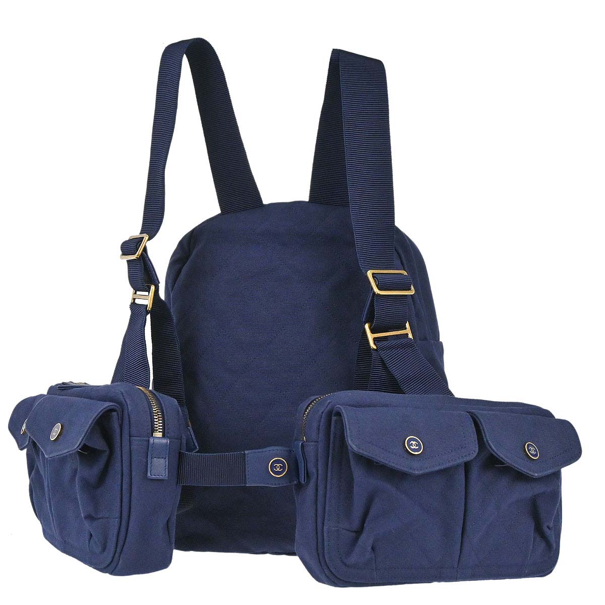 Chanel Navy Canvas Double Waist Bag Backpack