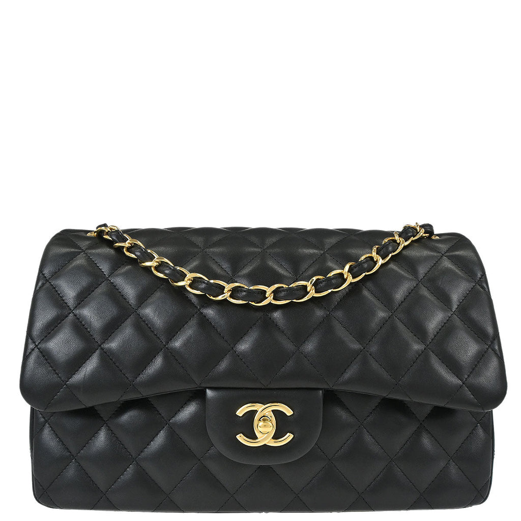 Chanel 2018 Black Lambskin Jumbo Classic Double Flap Shoulder Bag