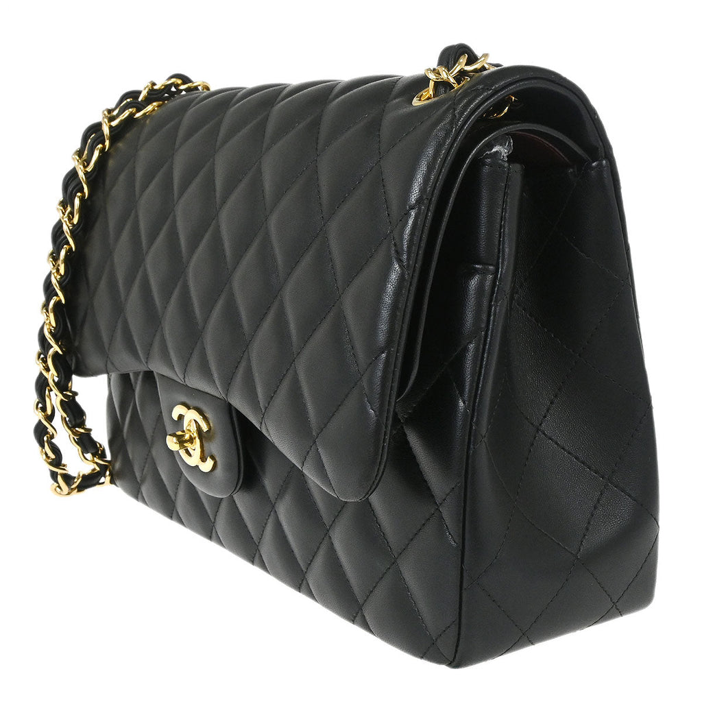 Chanel 2018 Black Lambskin Jumbo Classic Double Flap Shoulder Bag