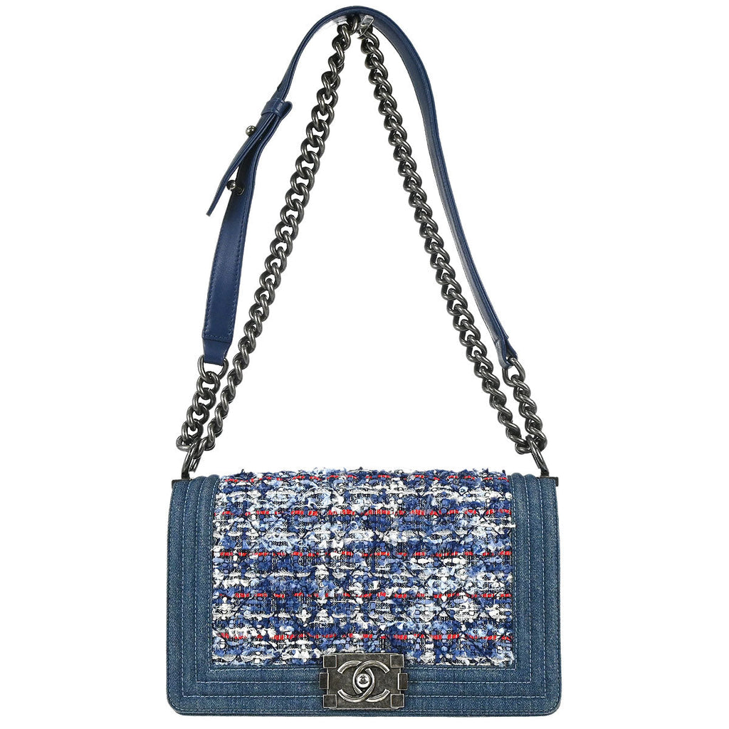 Boy Chanel Blue Tweed Denim Medium Double Chain Shoulder Bag