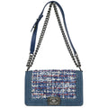 Boy Chanel Blue Tweed Denim Medium Double Chain Shoulder Bag