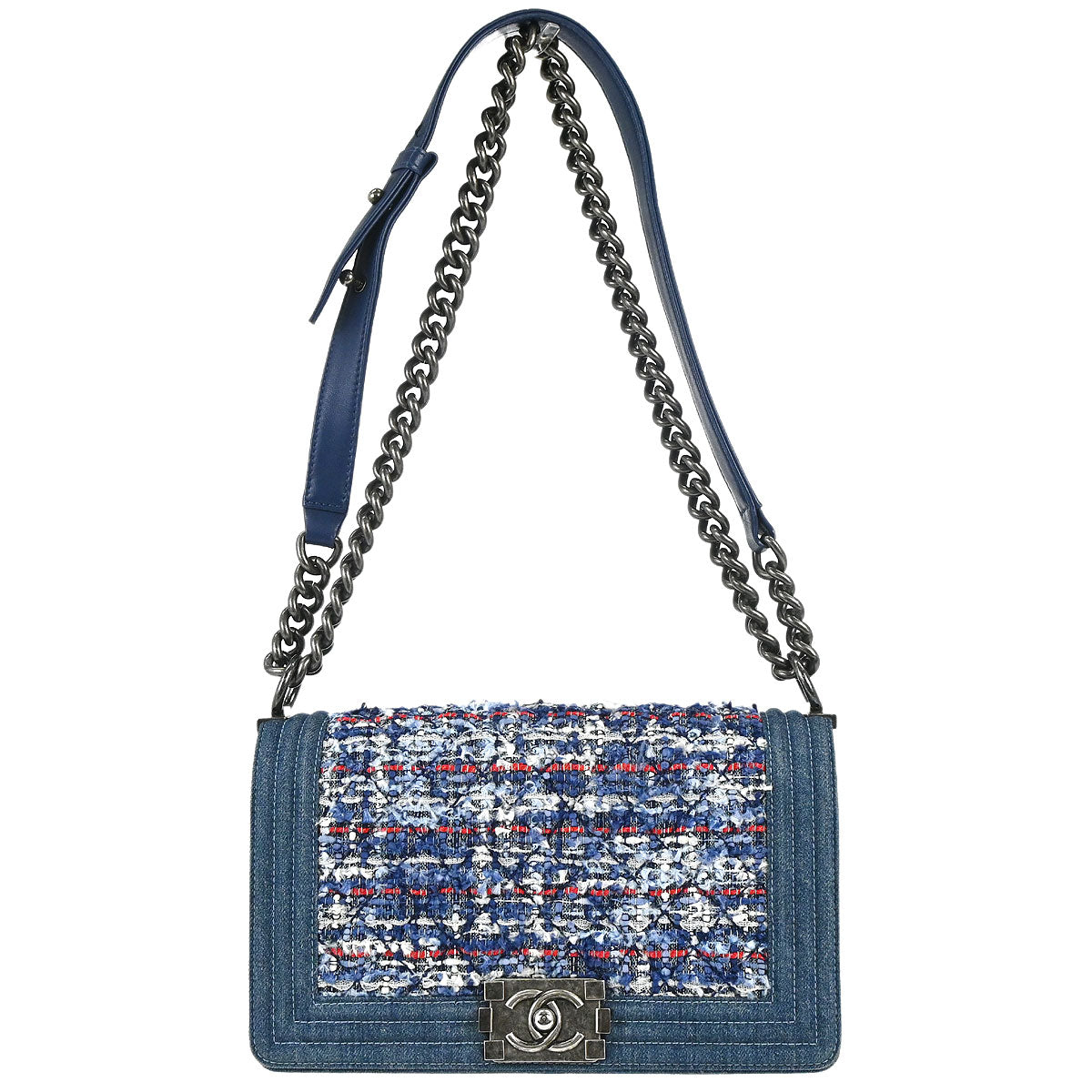 Boy Chanel Blue Tweed Denim Medium Double Chain Shoulder Bag