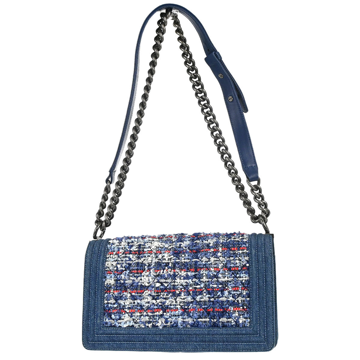 Boy Chanel Blue Tweed Denim Medium Double Chain Shoulder Bag