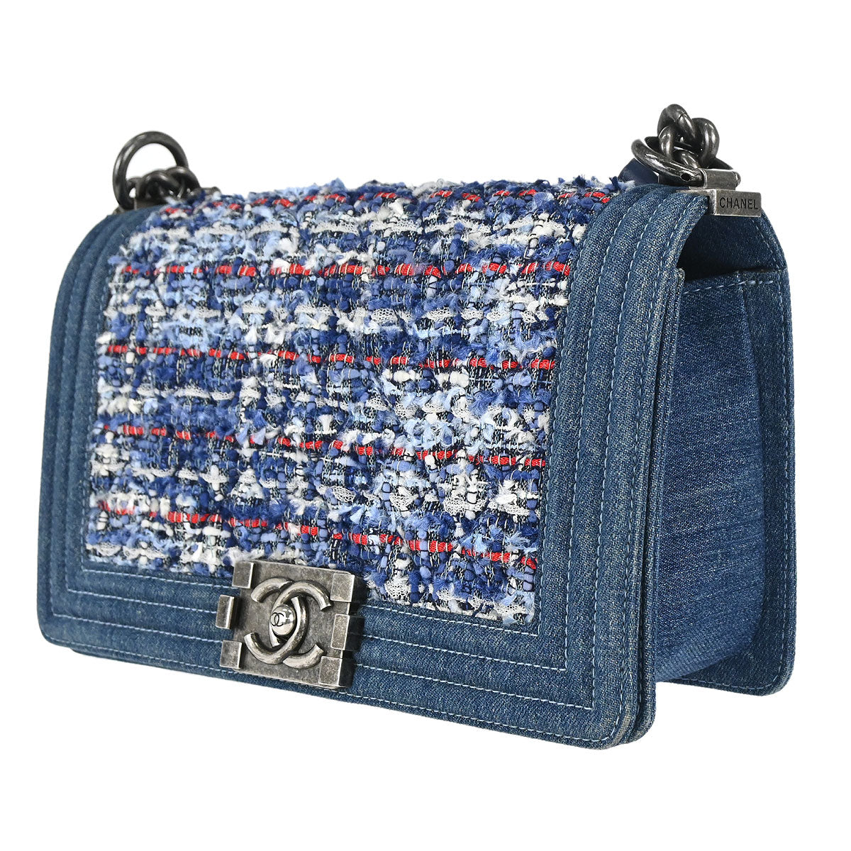 Boy Chanel Blue Tweed Denim Medium Double Chain Shoulder Bag