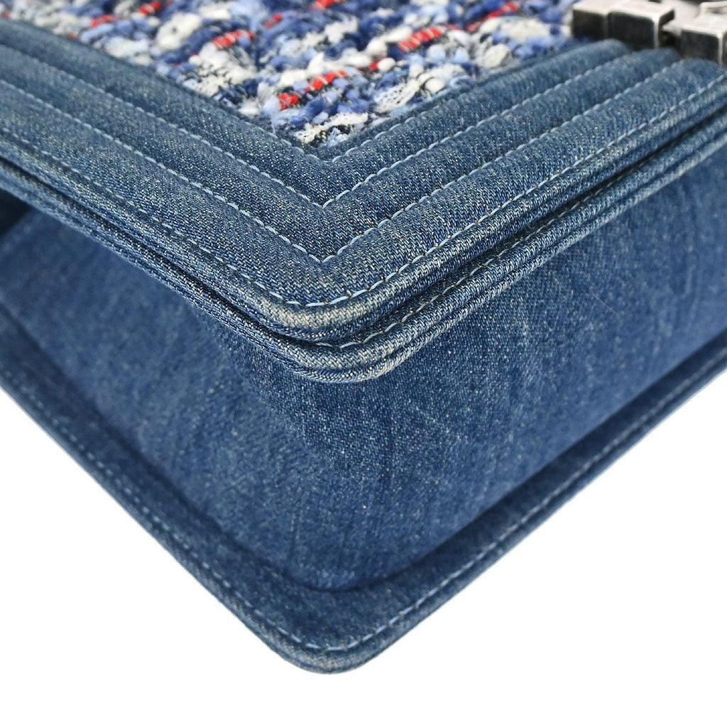 Boy Chanel Blue Tweed Denim Medium Double Chain Shoulder Bag
