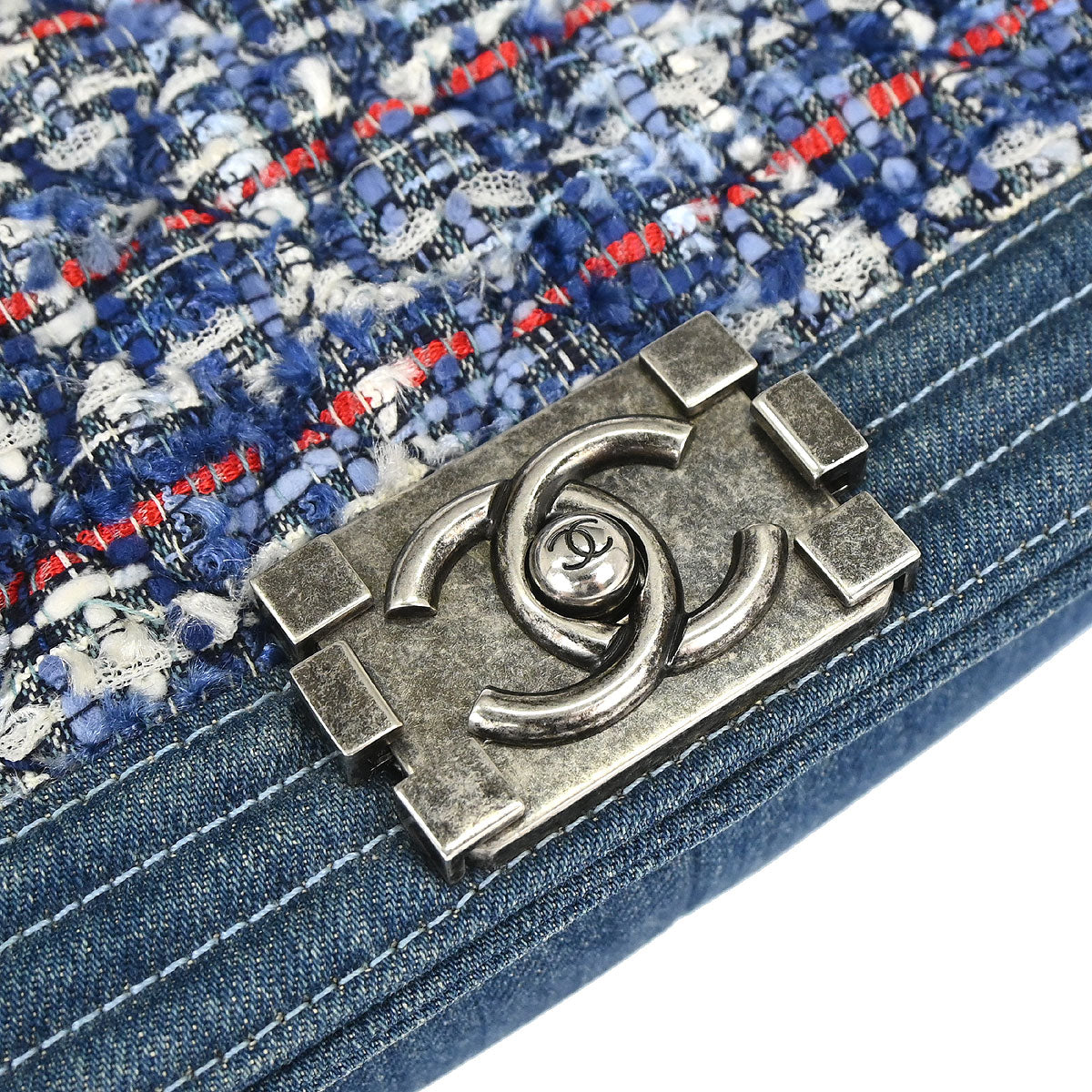 Boy Chanel Blue Tweed Denim Medium Double Chain Shoulder Bag