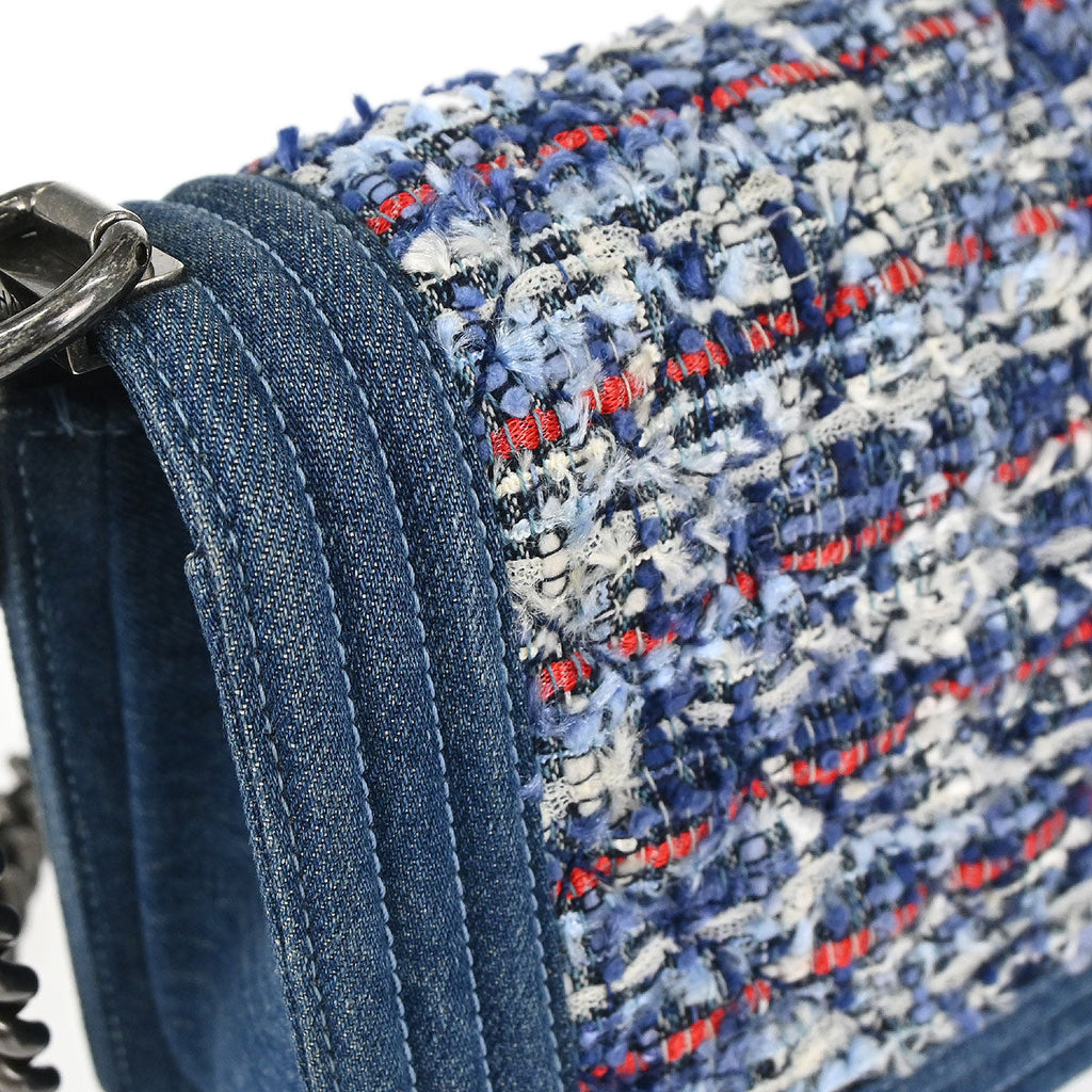 Boy Chanel Blue Tweed Denim Medium Double Chain Shoulder Bag