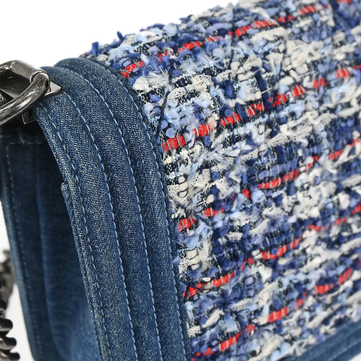 Boy Chanel Blue Tweed Denim Medium Double Chain Shoulder Bag