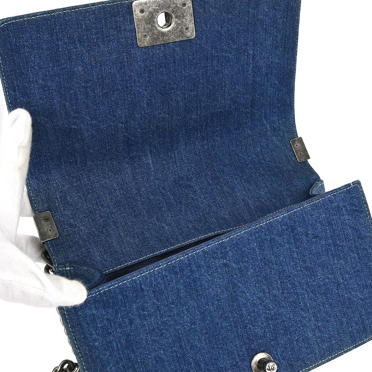 Boy Chanel Blue Tweed Denim Medium Double Chain Shoulder Bag