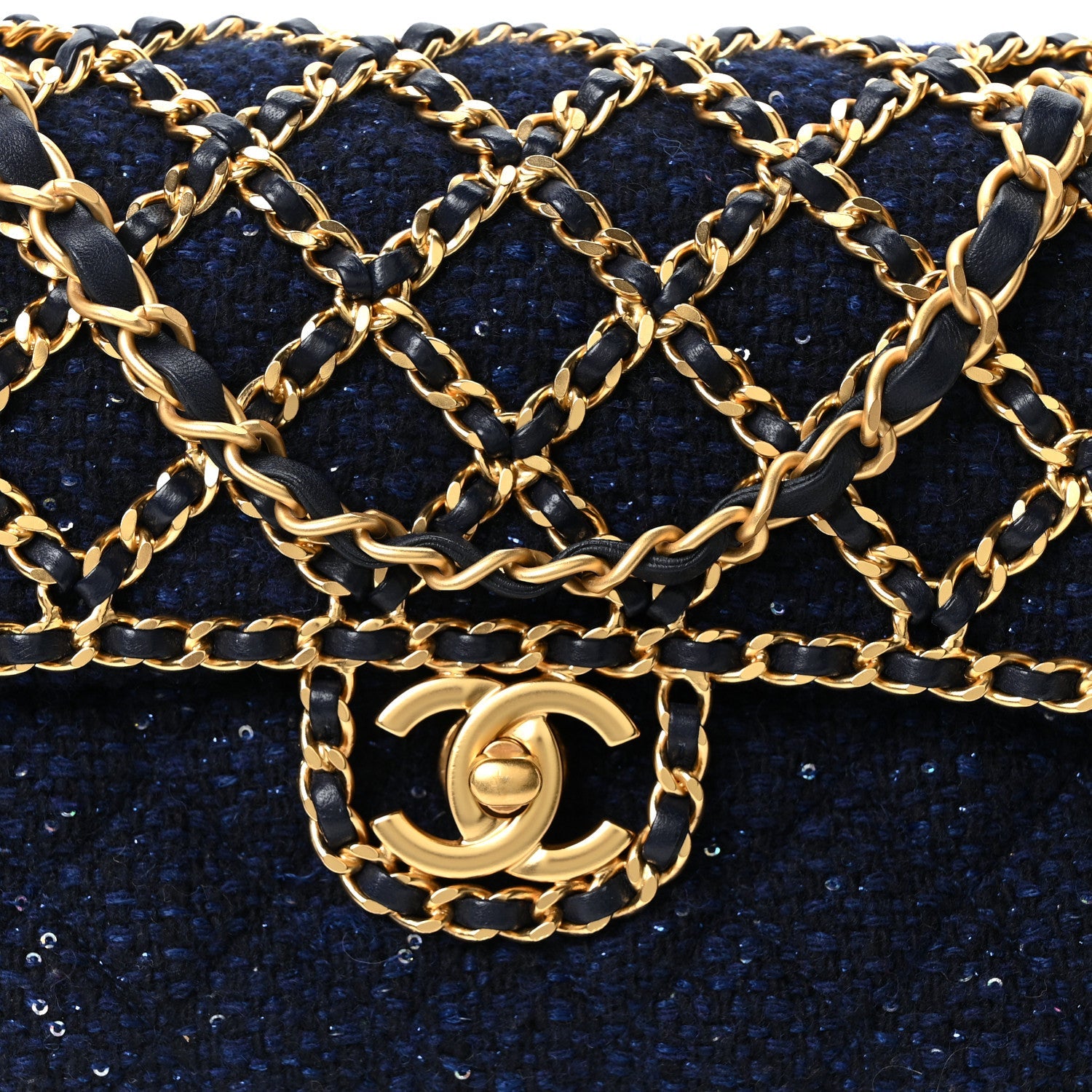 Chanel Tweed Sequin Timeless Classic Chained Double Flap Navy Blue