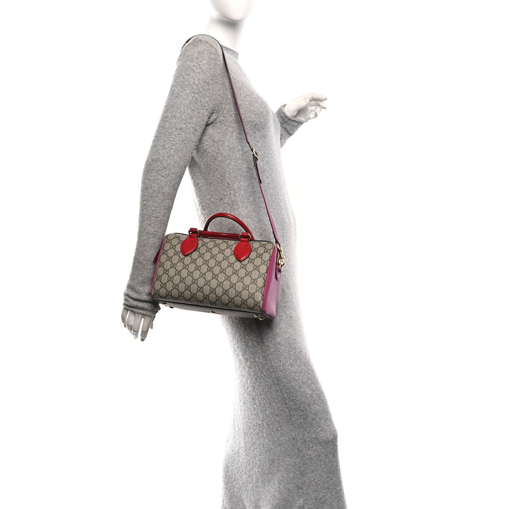 Gucci GG Supreme Monogram Moon Calfskin Small Boston Beige Ebony Hibiscus Red New Rosette