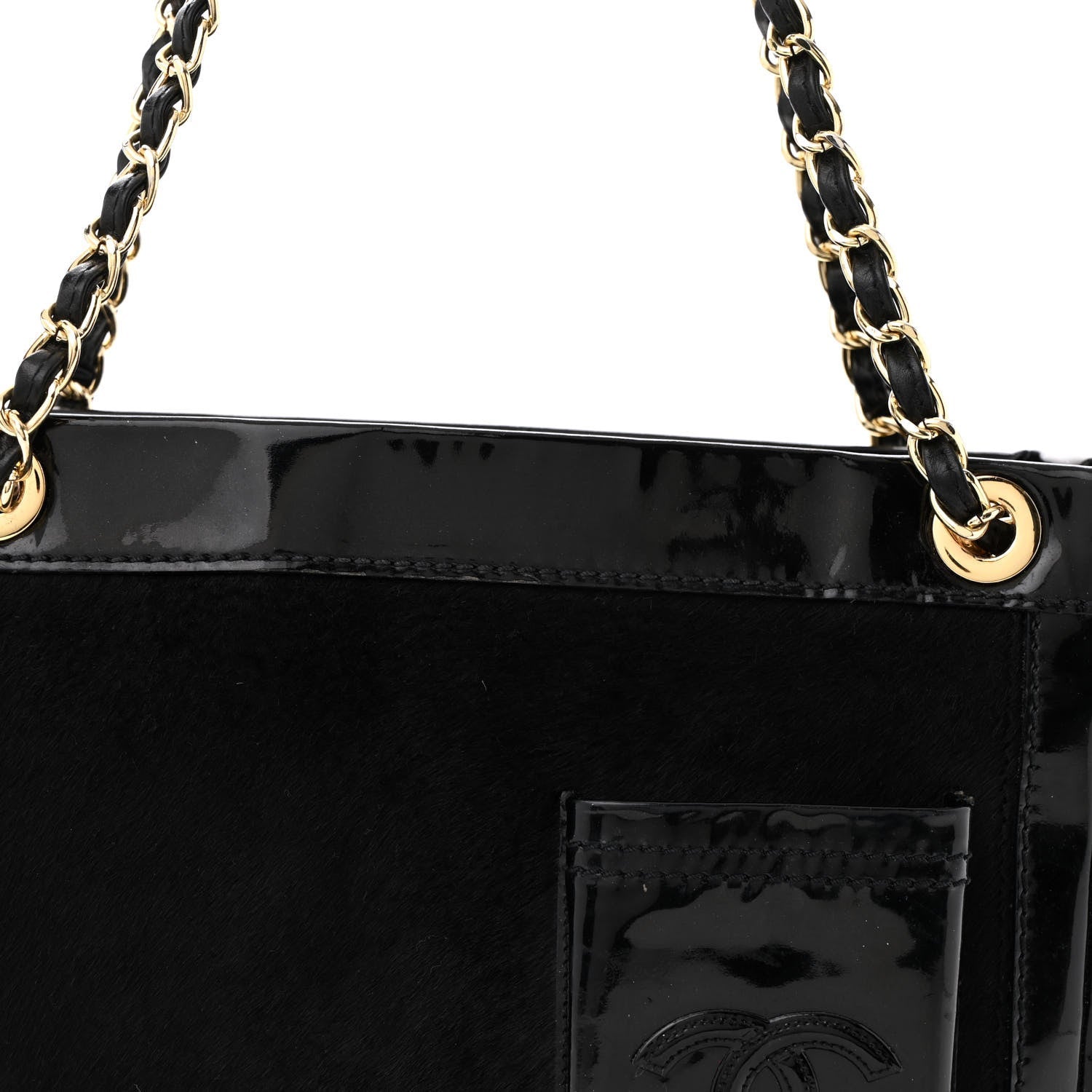 Chanel Patent Pony Hair Small Pocket Tote Black