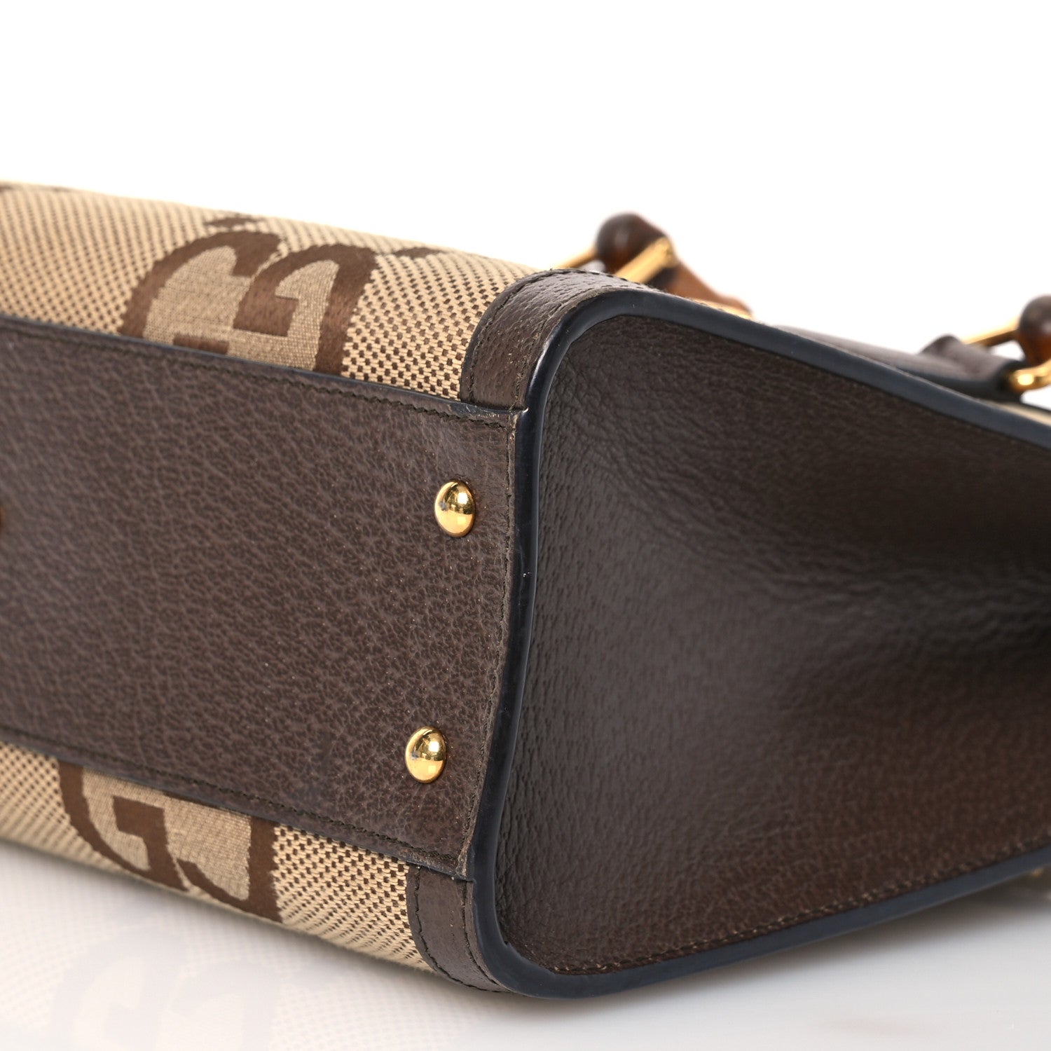 Gucci Monogram Jumbo GG Textured Dollar Calfskin Small Diana Tote Bag Camel Ebony New Acero