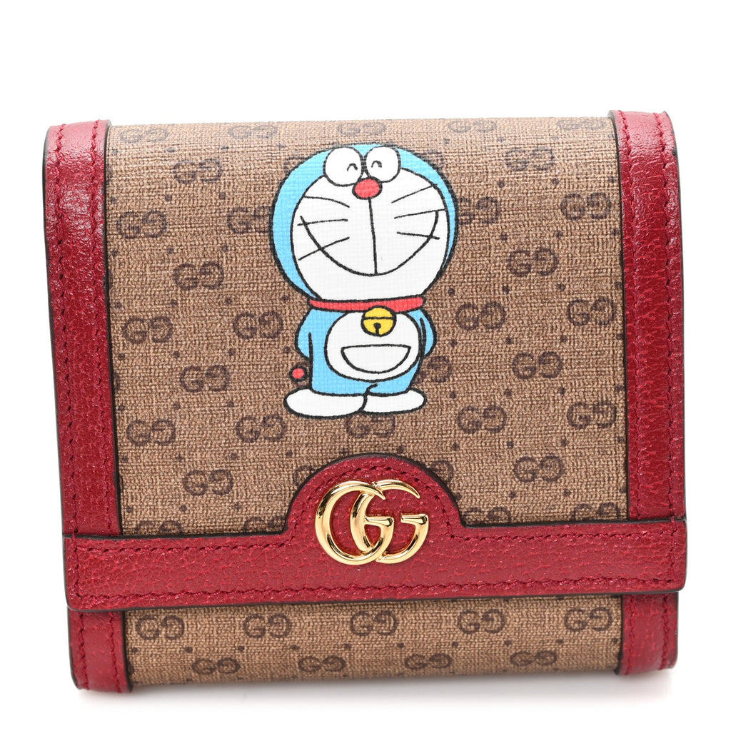 Gucci X DORAEMON Mini Vintage GG Supreme Monogram Card Case Wallet Beige Cherry Red