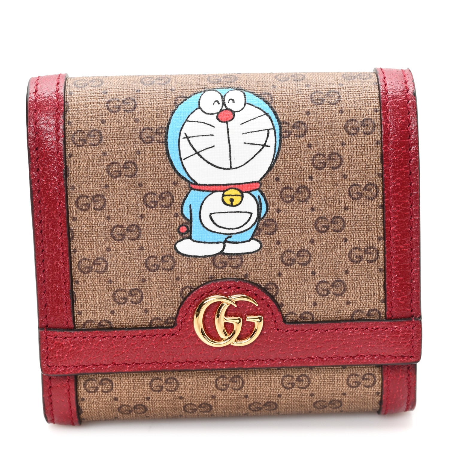 Gucci X DORAEMON Mini Vintage GG Supreme Monogram Card Case Wallet Beige Cherry Red