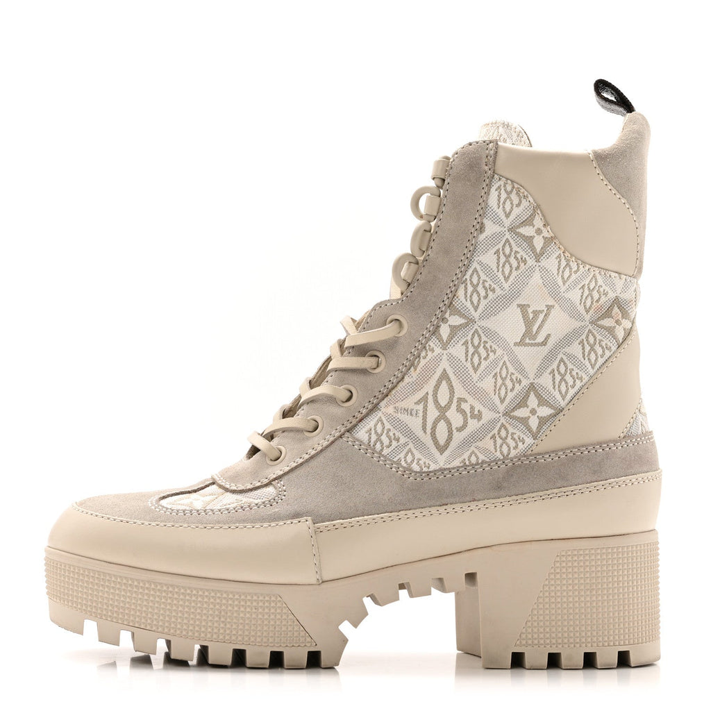 Louis Vuitton Suede Calfskin Jacquard Since 1854 Laureate Platform Desert Boots 37.5 Beige
