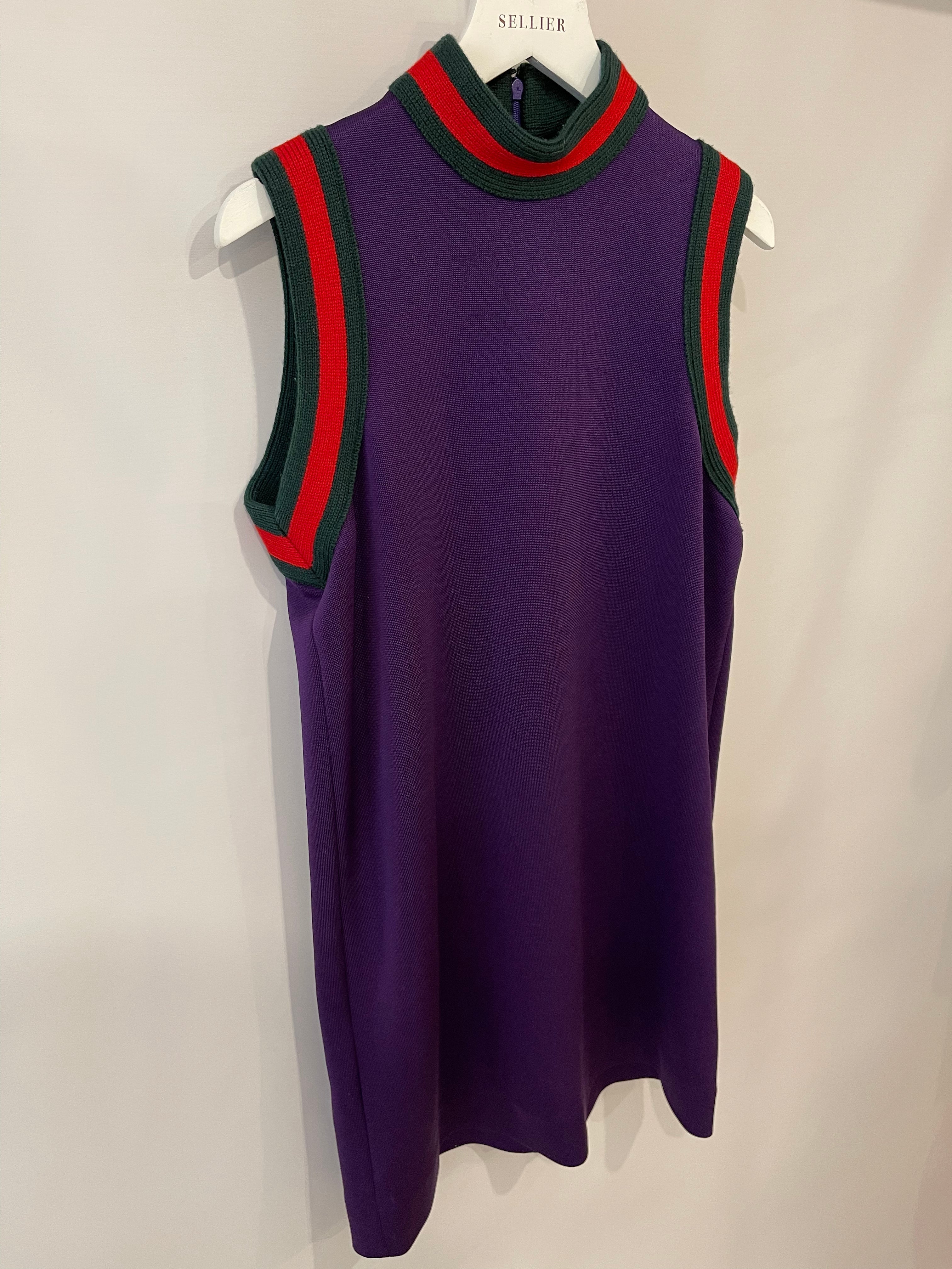 Gucci Purple Mini Sleeveless Dress with Green and Red Wool Trim Detail Size XS ( UK 6)
