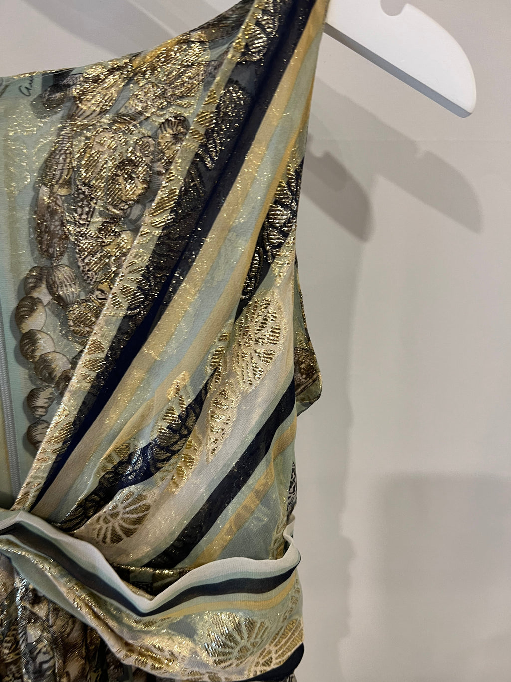Gucci Pastel Green Printed Long Silk Dress with Gold Embellishments Size IT 38 (UK 6)