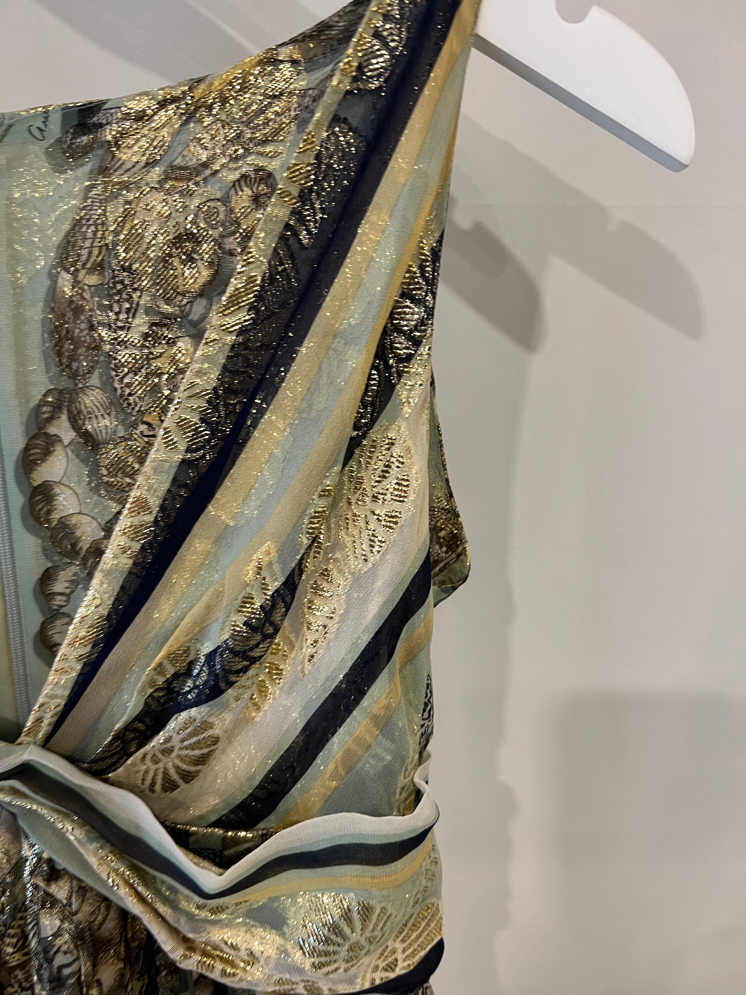 Gucci Pastel Green Printed Long Silk Dress with Gold Embellishments Size IT 38 (UK 6)