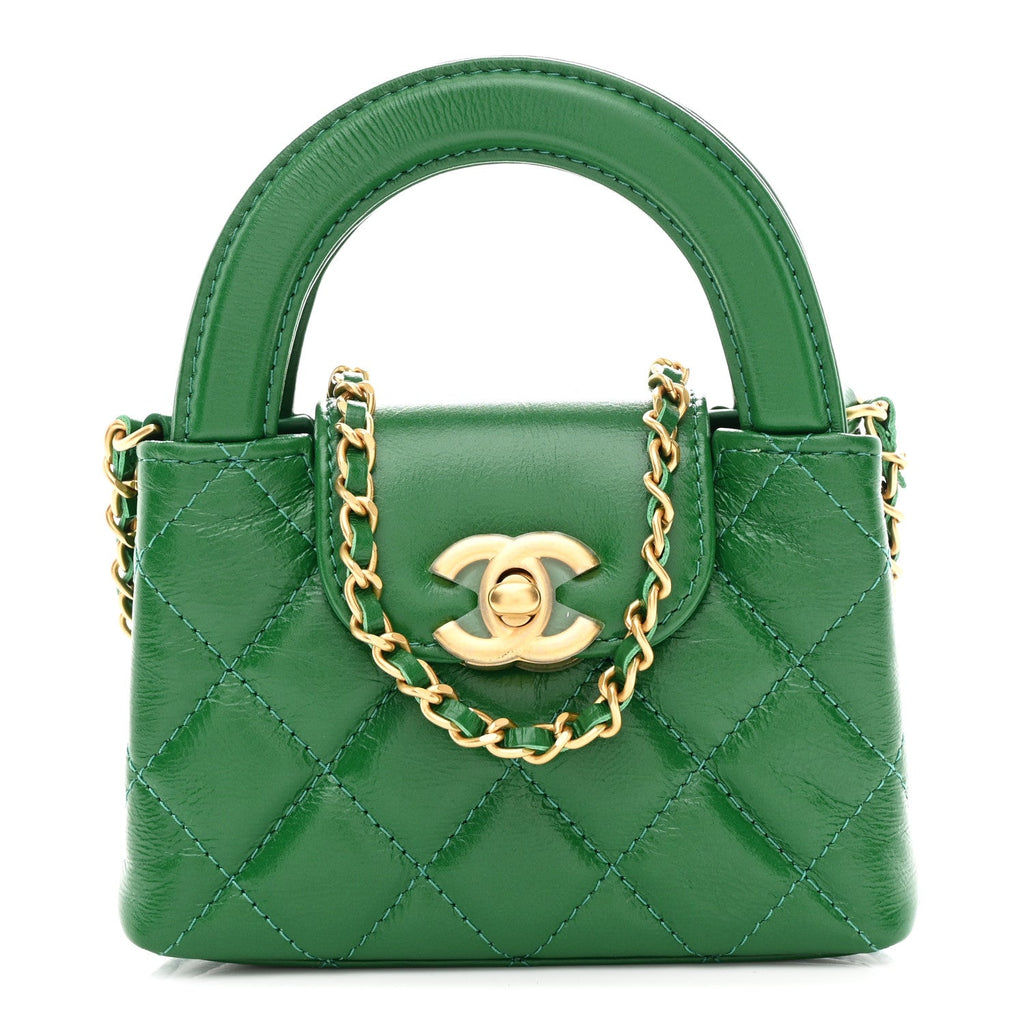 Chanel Shiny Aged Calfskin Quilted Mini Nano Kelly Shopper Green