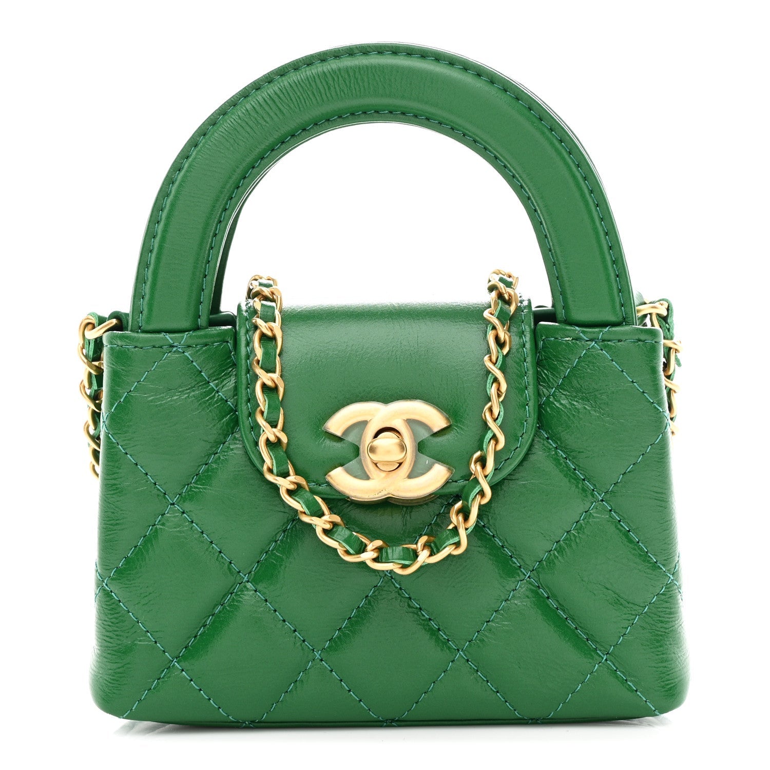 Chanel Shiny Aged Calfskin Quilted Mini Nano Kelly Shopper Green