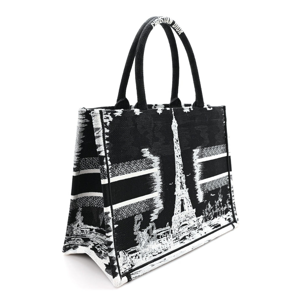 Christian Dior Canvas Embroidered Medium Paris Book Tote Black White