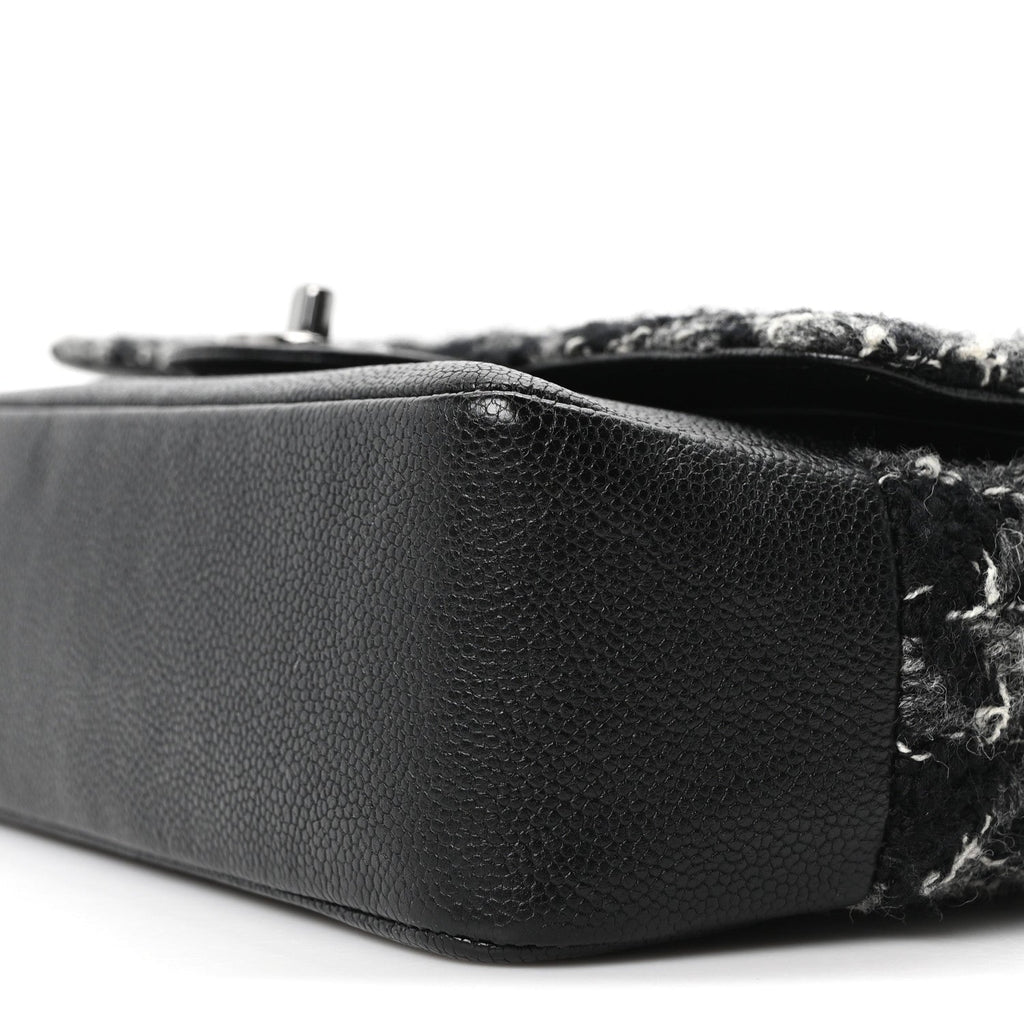 Chanel Caviar Tweed Houndstooth Quilted Medium Double Flap Black Grey
