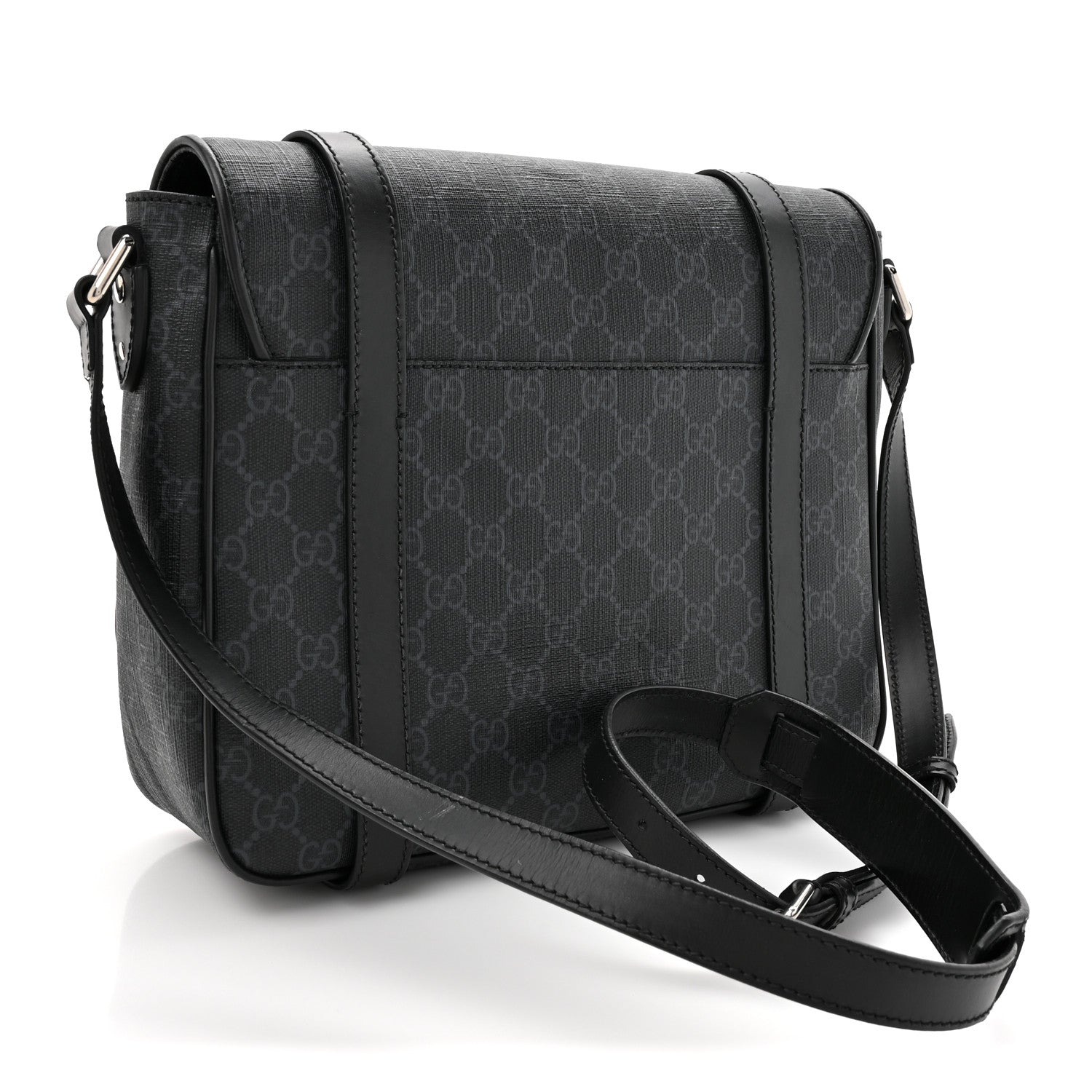 Gucci GG Supreme Monogram Textured Dollar Calfskin Retro Interlocking G Flap Messenger Bag Black