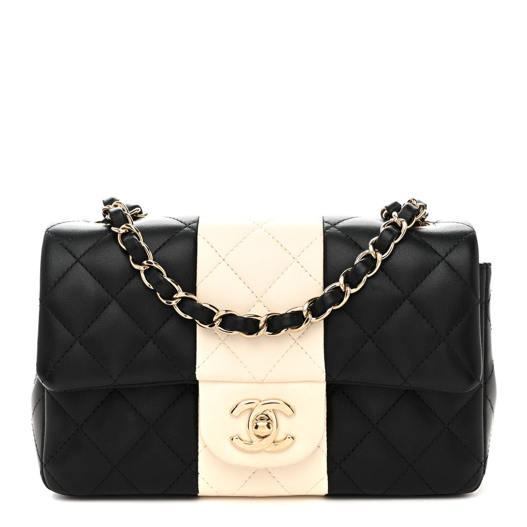 Chanel Lambskin Quilted Mini Rectangular Flap Black White