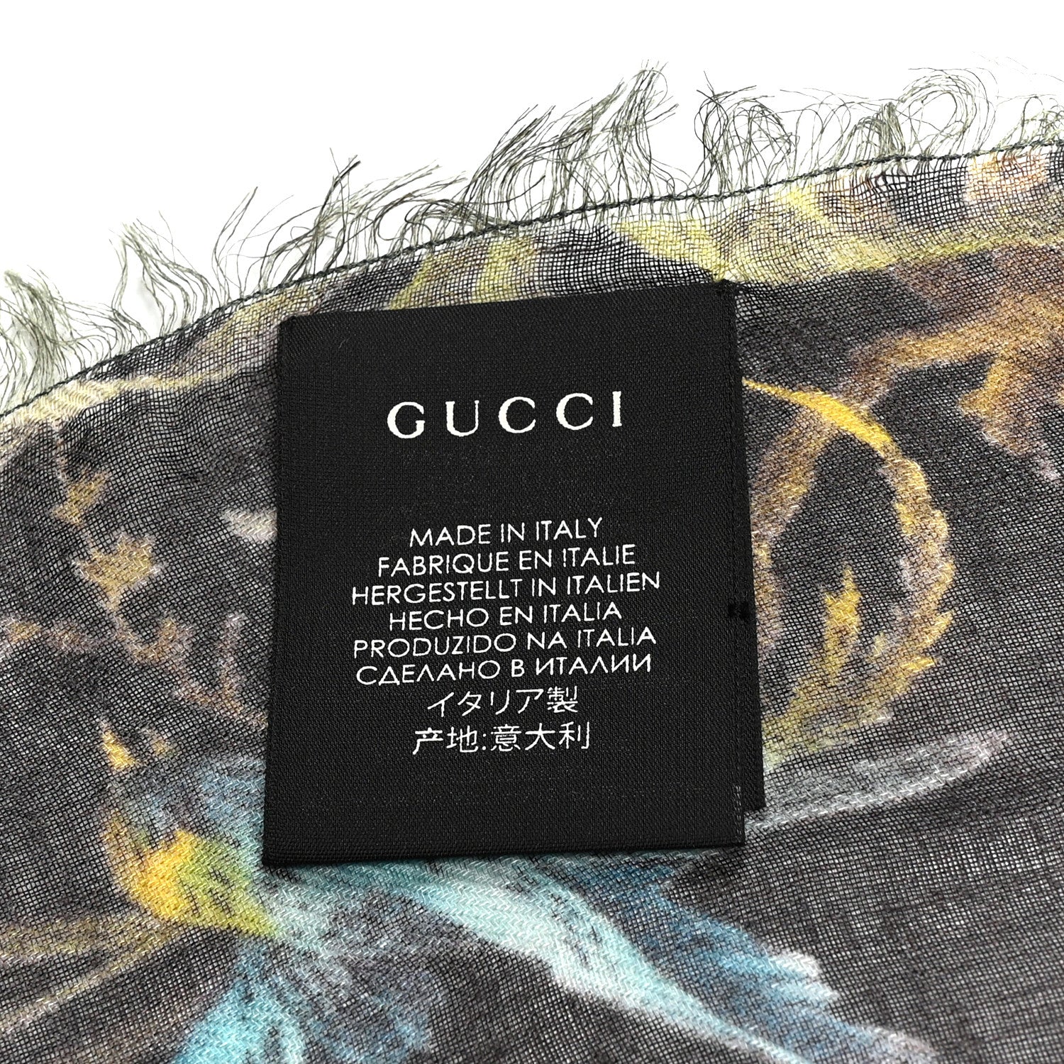 Gucci Modal Wool Tropical Print Shawl Scarf Black Multi