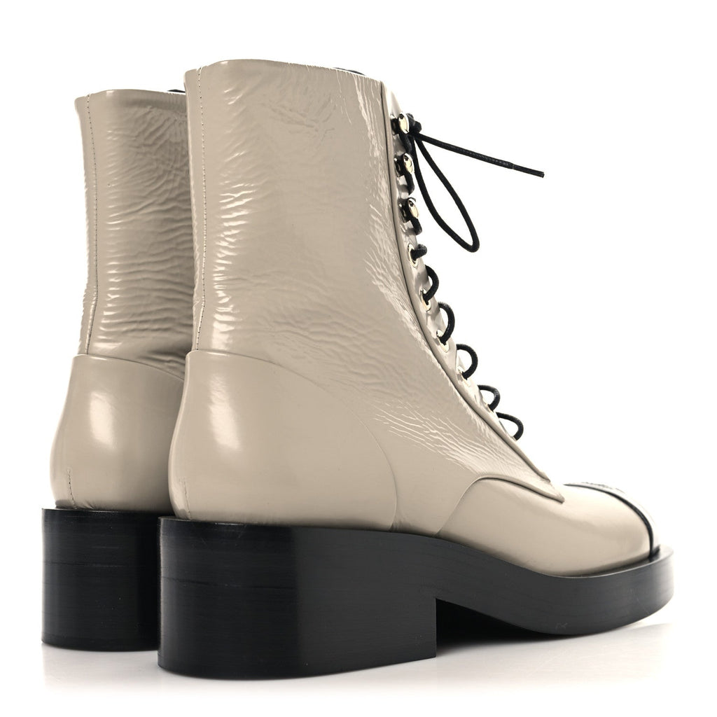 Chanel Shiny Goatskin Cap Toe Combat Boots 39 Gray Dark Gray