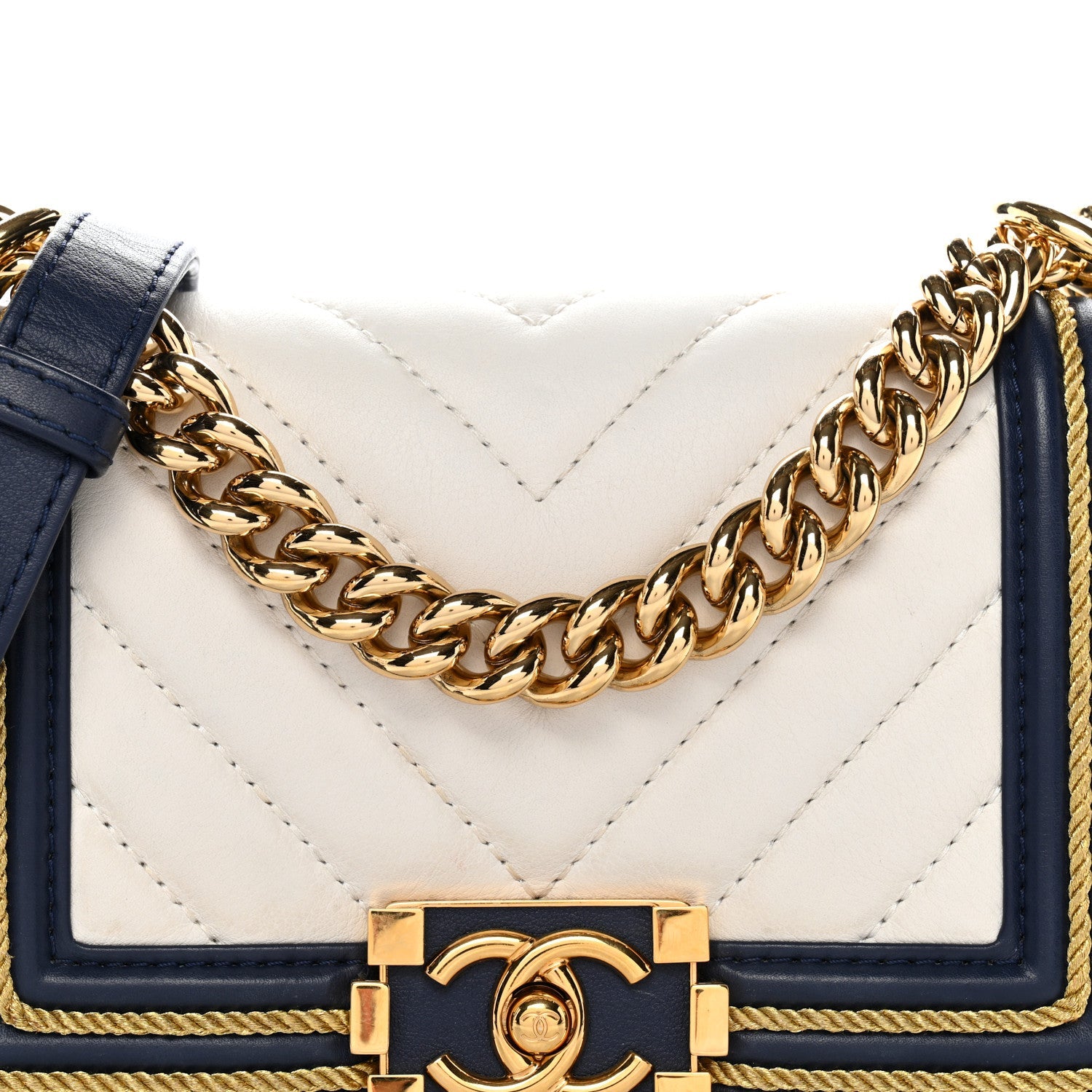 Chanel Calfskin Chevron Quilted Braided Small Boy Flap White Navy