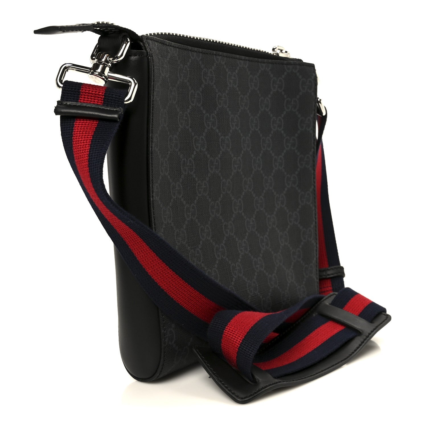 Gucci GG Supreme Monogram Web Small Flat Messenger Bag Black Grey