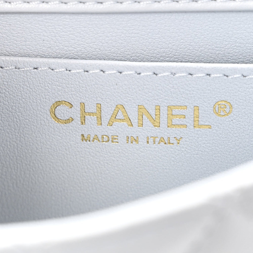 Chanel Shiny Lambskin Quilted Pearl Twist Mini Square Flap Light Blue