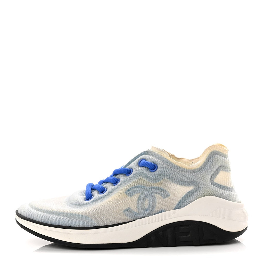 Calfskin Mesh Lyrca Womens Logo Sneakers 36 White Blue