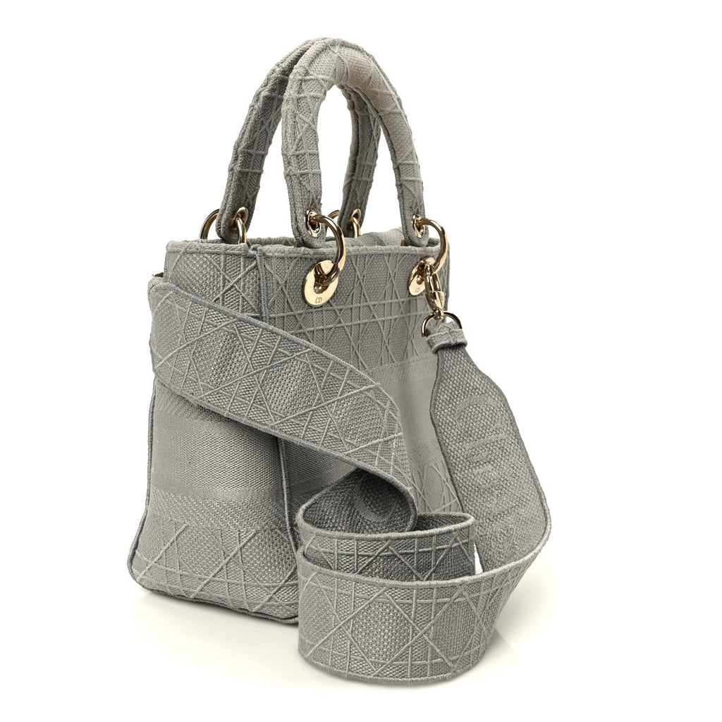 Christian Dior Canvas Embroidered Cannage Medium Lady D-Lite Gray