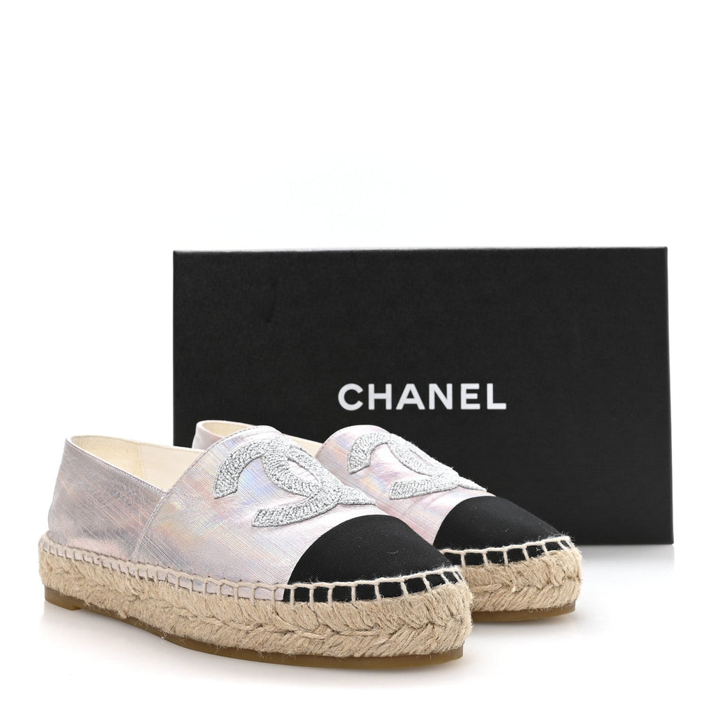 Laminated Lambskin Grosgrain Embroidered CC Espadrilles 36 Pink Silver Black