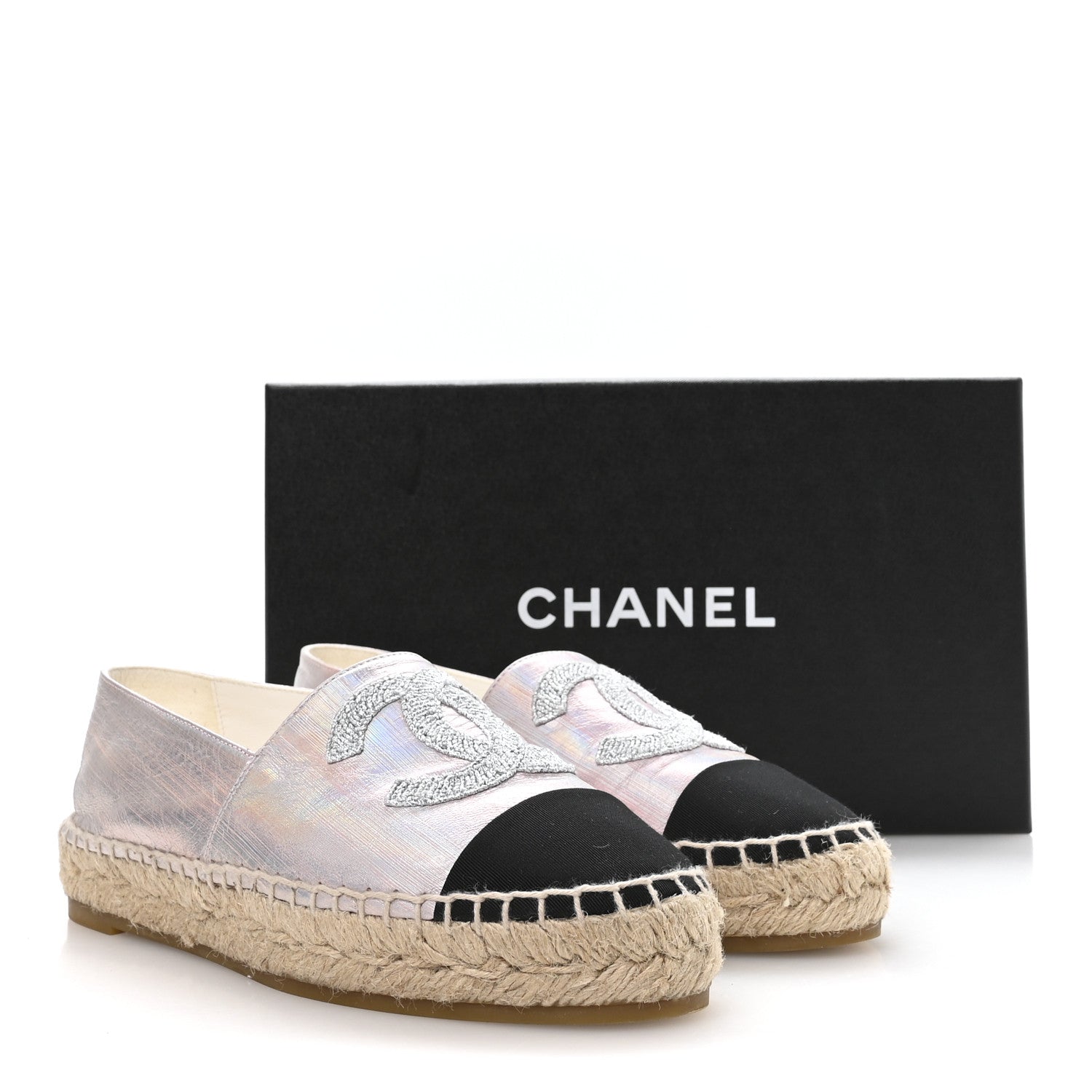 Laminated Lambskin Grosgrain Embroidered CC Espadrilles 36 Pink Silver Black