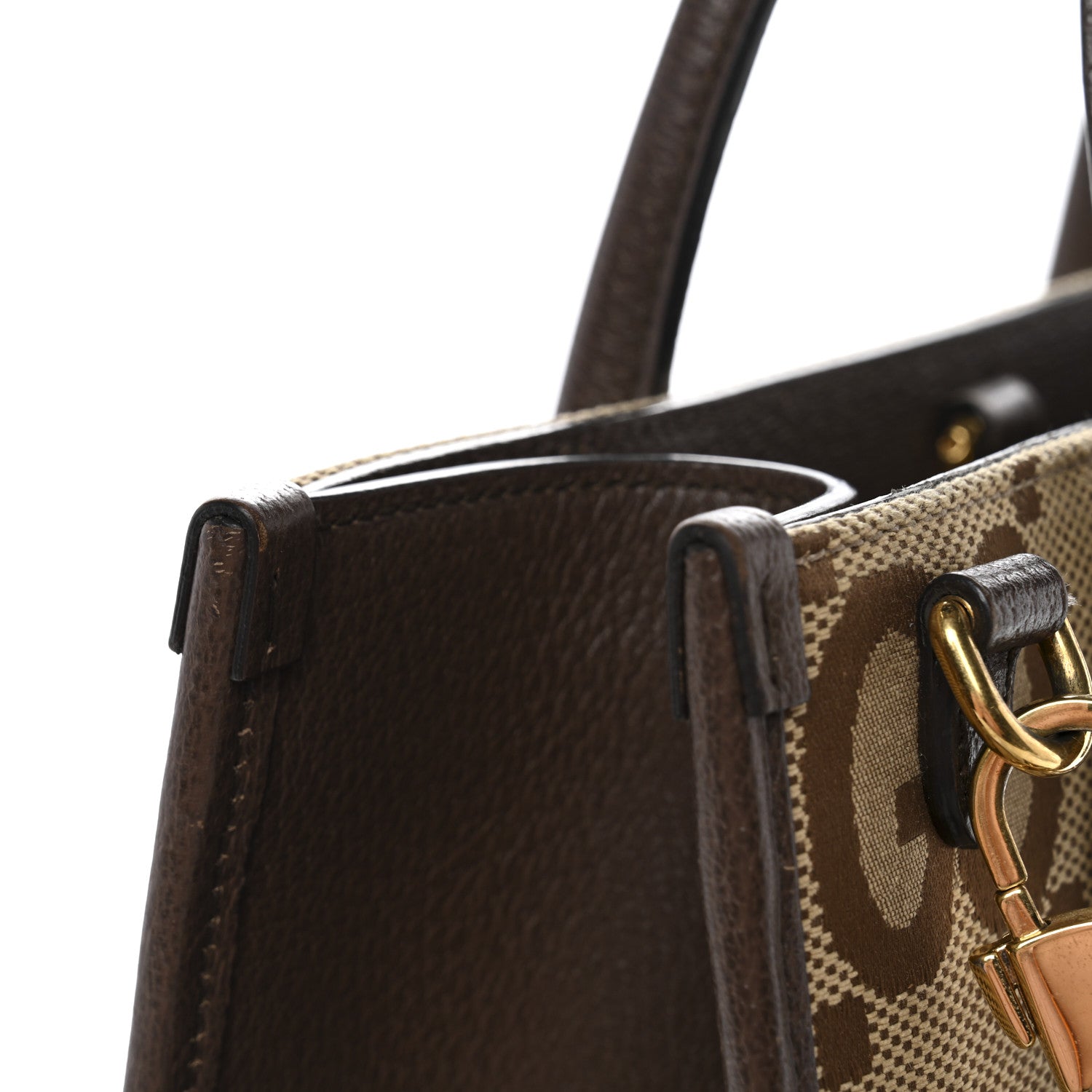 Gucci Monogram Jumbo GG Textured Dollar Calfskin Web Small Tote Bag Camel Ebony New Acero