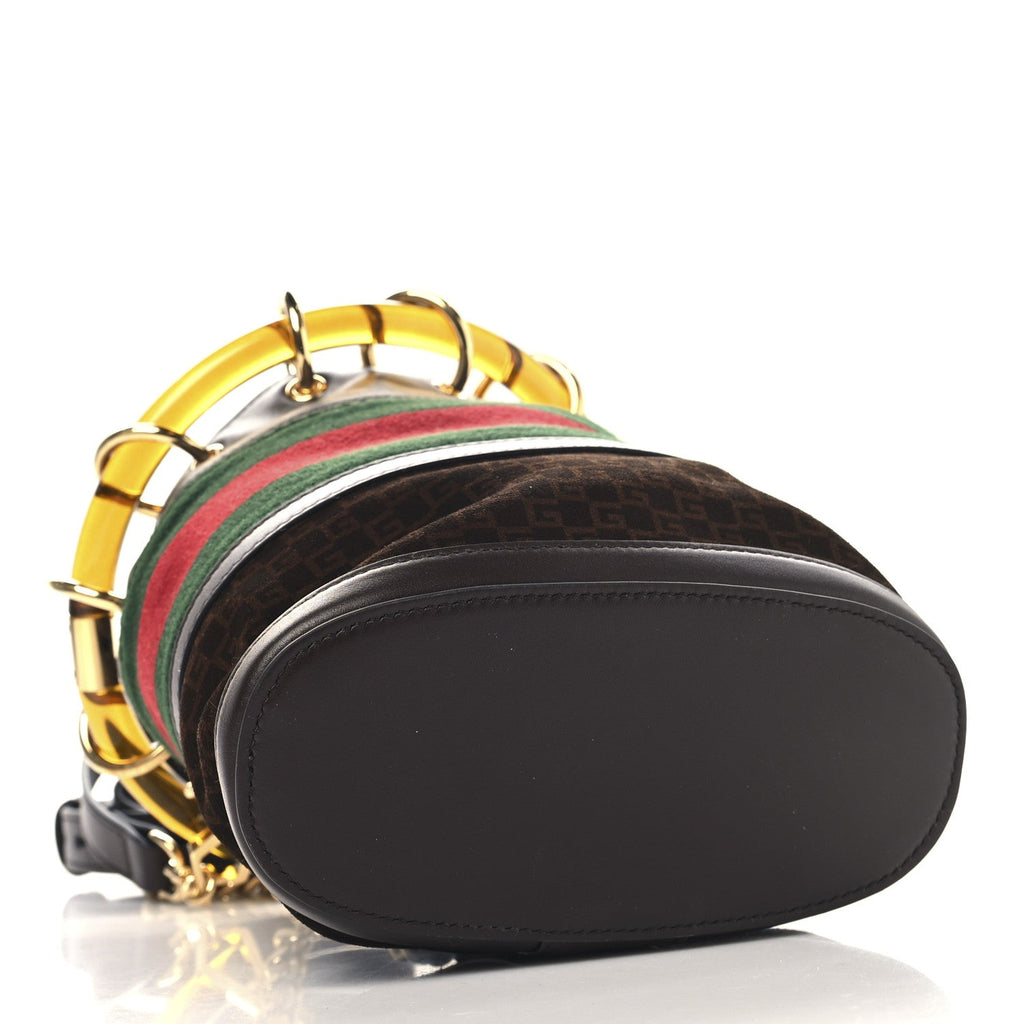 Gucci Suede Calfskin Web G Logo Bucket Bag Dark Brown