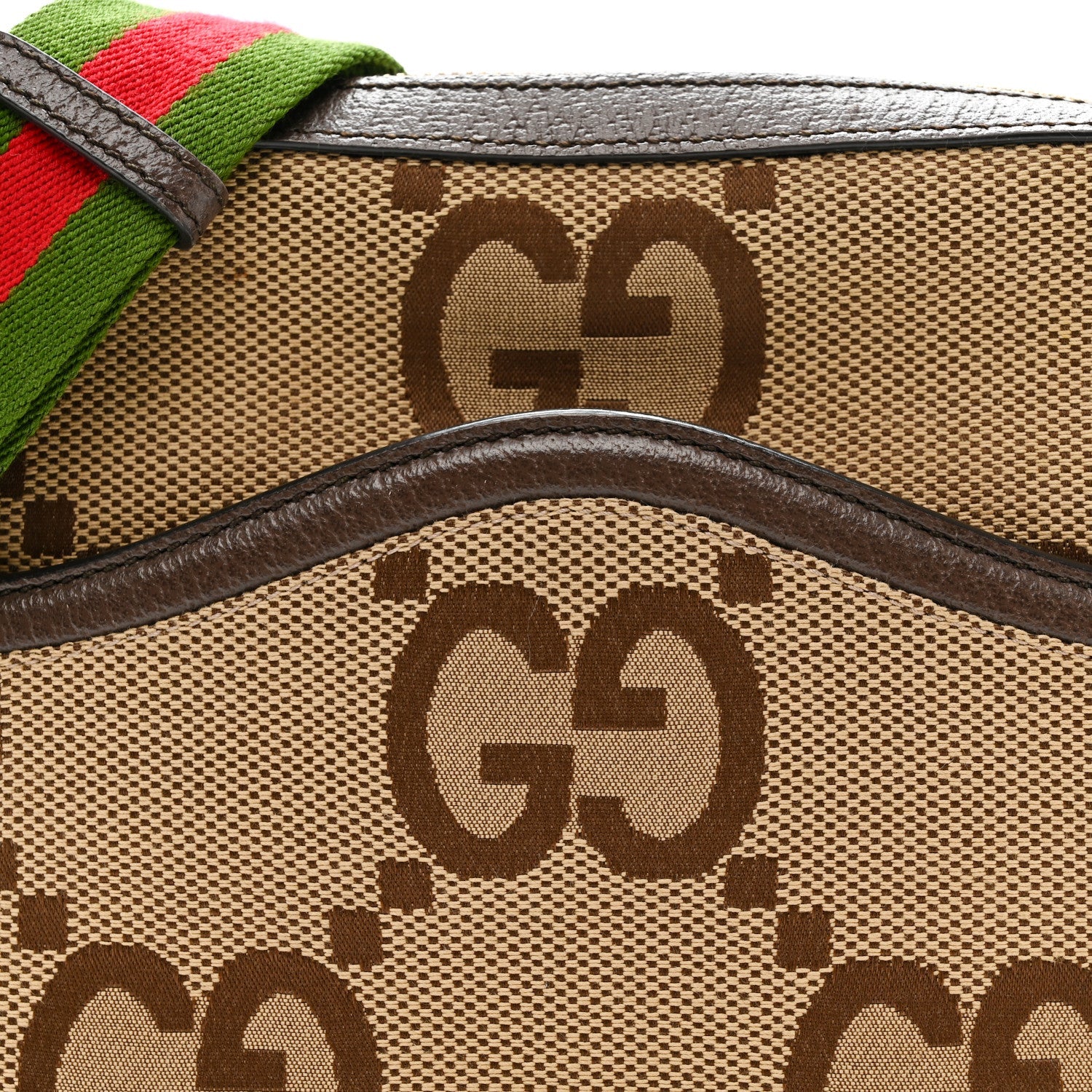 Gucci Monogram Jumbo GG Textured Dollar Calfskin Web Messenger Shoulder Bag Camel Ebony New Acero